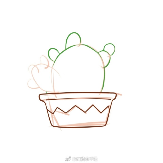 小小的绿色盆景仙人掌简笔画教程