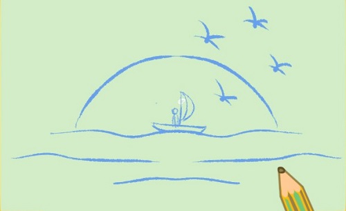 海边落日简笔画怎么画 海边夕阳简笔画彩色步骤