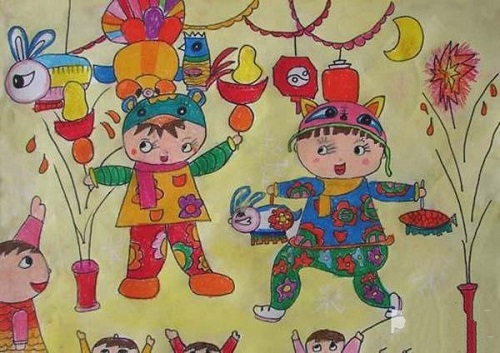 过年放烟花简笔画彩色图片手抄报元素
