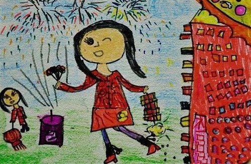 春节小朋友放鞭炮简笔画带颜色图片大全