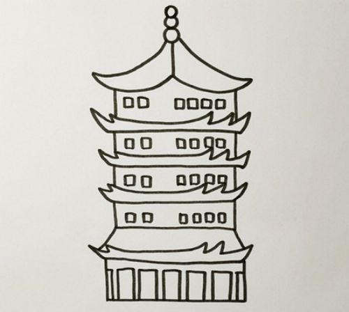 手绘黄鹤楼简笔画教程画法 带颜色黄鹤楼简笔画怎么画