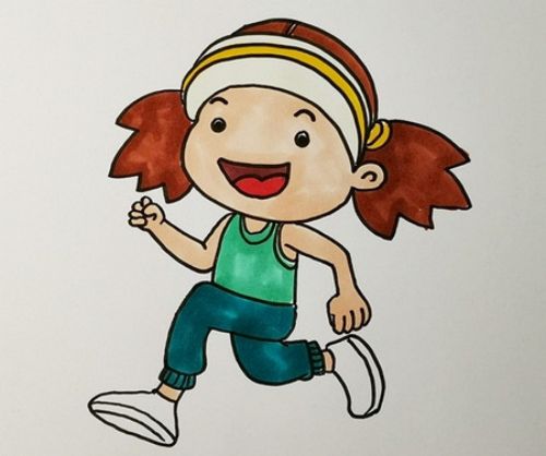 带涂色小女孩跑步简笔画怎么画  彩色跑步简笔画教程图解