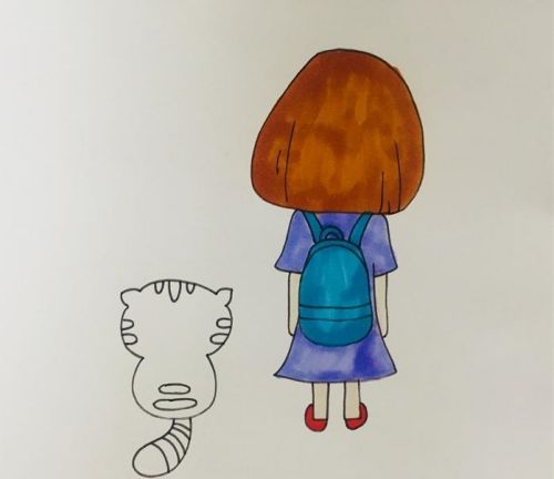 彩色小女孩小猫背影简笔画步骤 可爱小女孩和猫简笔画怎么画