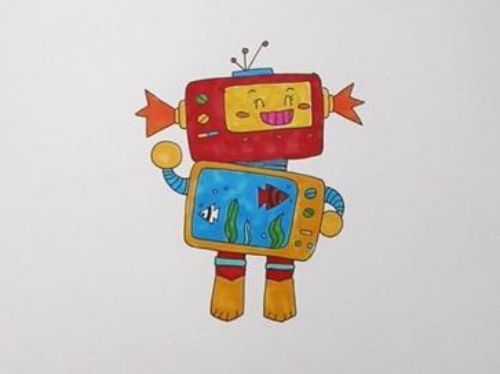 帅气简单机器人简笔画绘画过程 彩色机器人简笔画儿童画怎么画