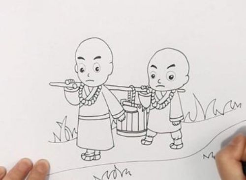 两个和尚抬水喝简笔画步骤 抬水小和尚简笔画怎么画