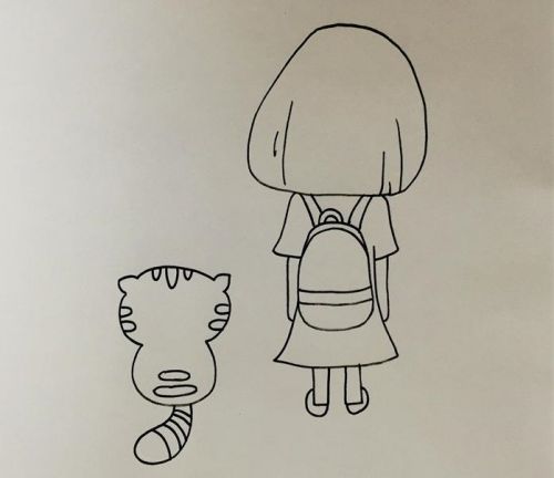 彩色小女孩小猫背影简笔画步骤 可爱小女孩和猫简笔画怎么画