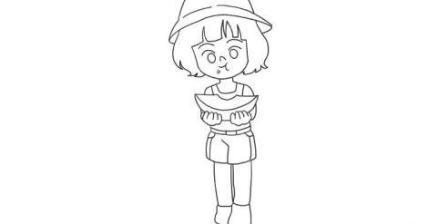 小女孩正在吃西瓜的简笔画怎么画 彩色西瓜小女孩简笔画教程
